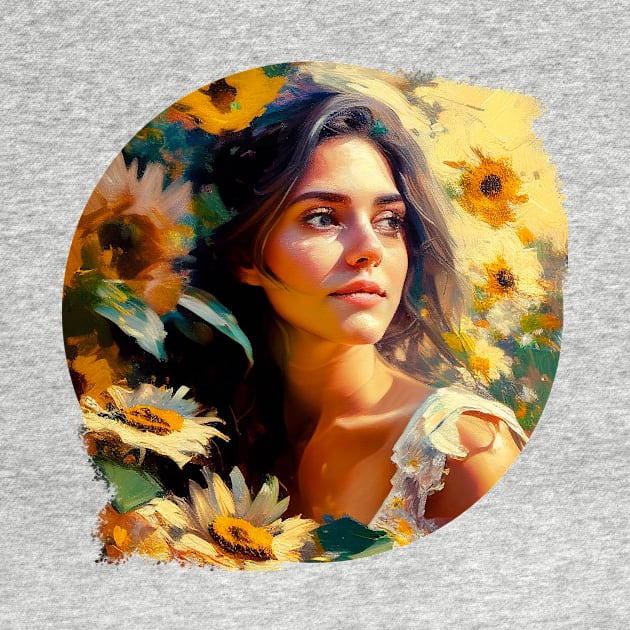 A beautiful girl in nature, surrounded by sunflowers, Art painting by fachtali